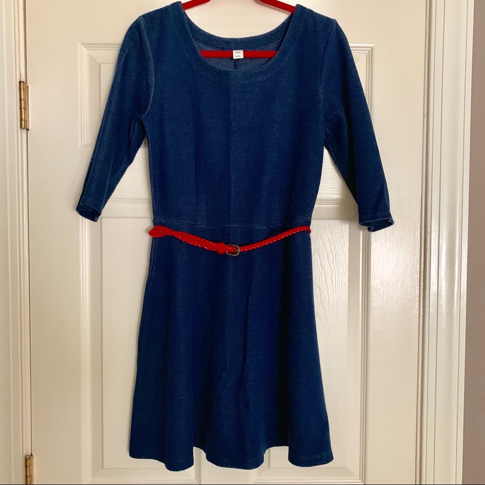 Fit and flare knit dress with red belt